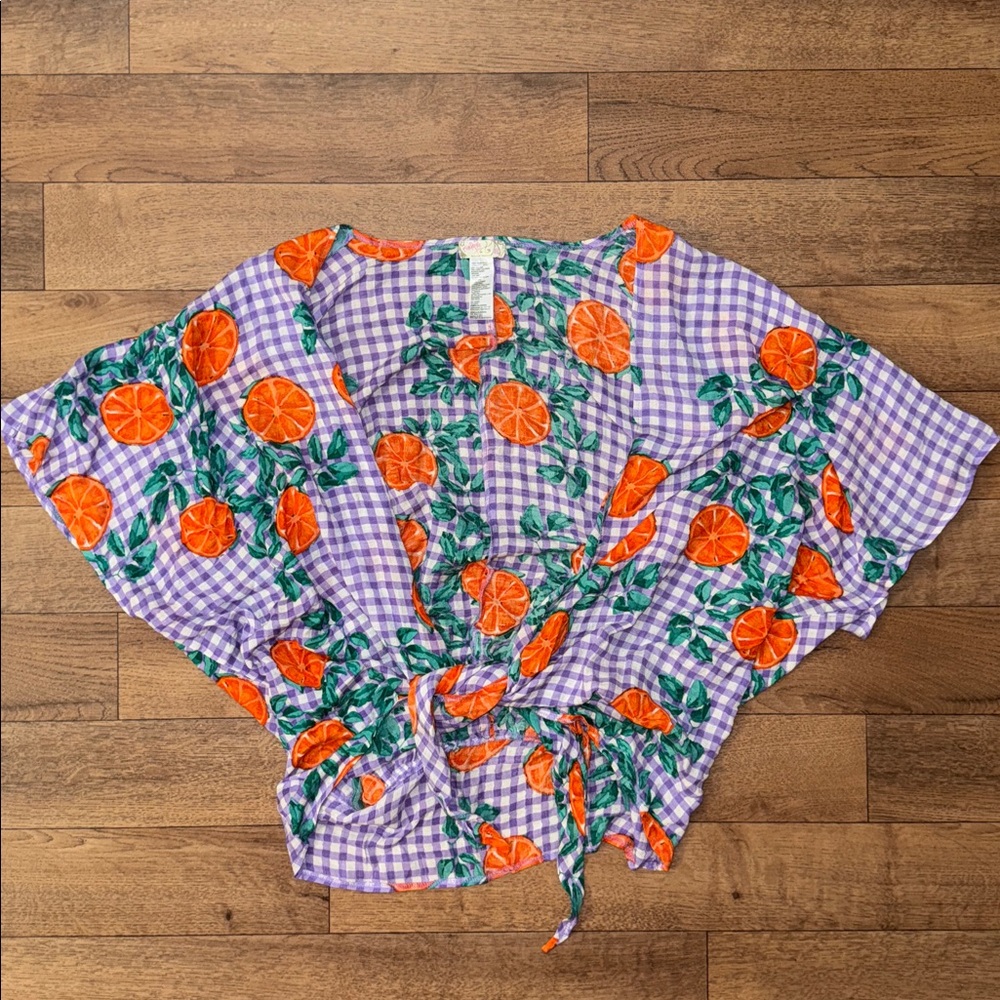 Free People One Size Fits All Tutti Frutti Oranges Tie Front Gingham Kimono Cute